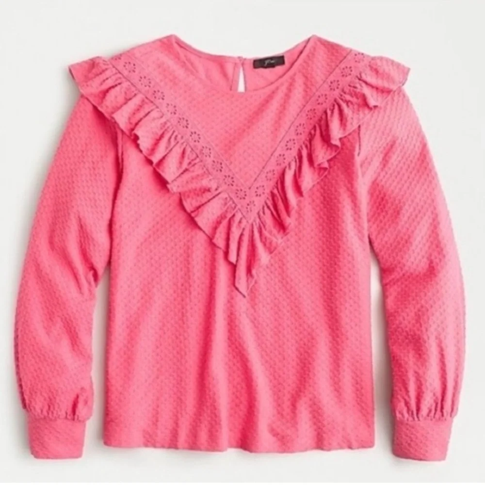 J. Crew Pink Ruffle Trim Honeycomb Knit Top Size Small